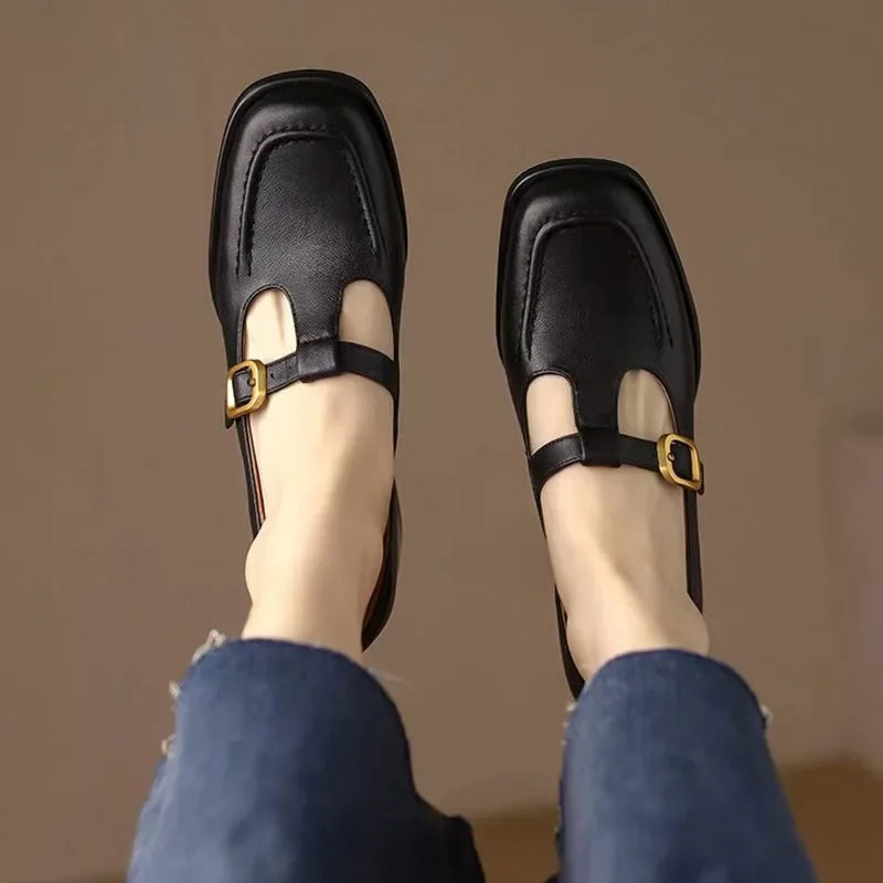Céleste Fontarrive | Women's T-Strap Mary Jane Flats Square Toe Low Block Heel