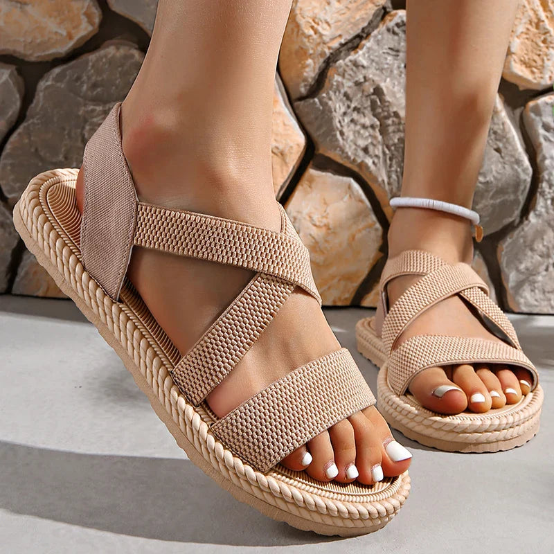 Antoinette Fairvale | Crossover Strap Flat Sandals in Beige