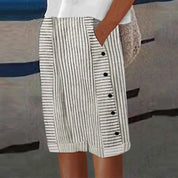Madeleine Thorncroft | Striped Linen-Cotton Cropped Shorts with Side Buttons