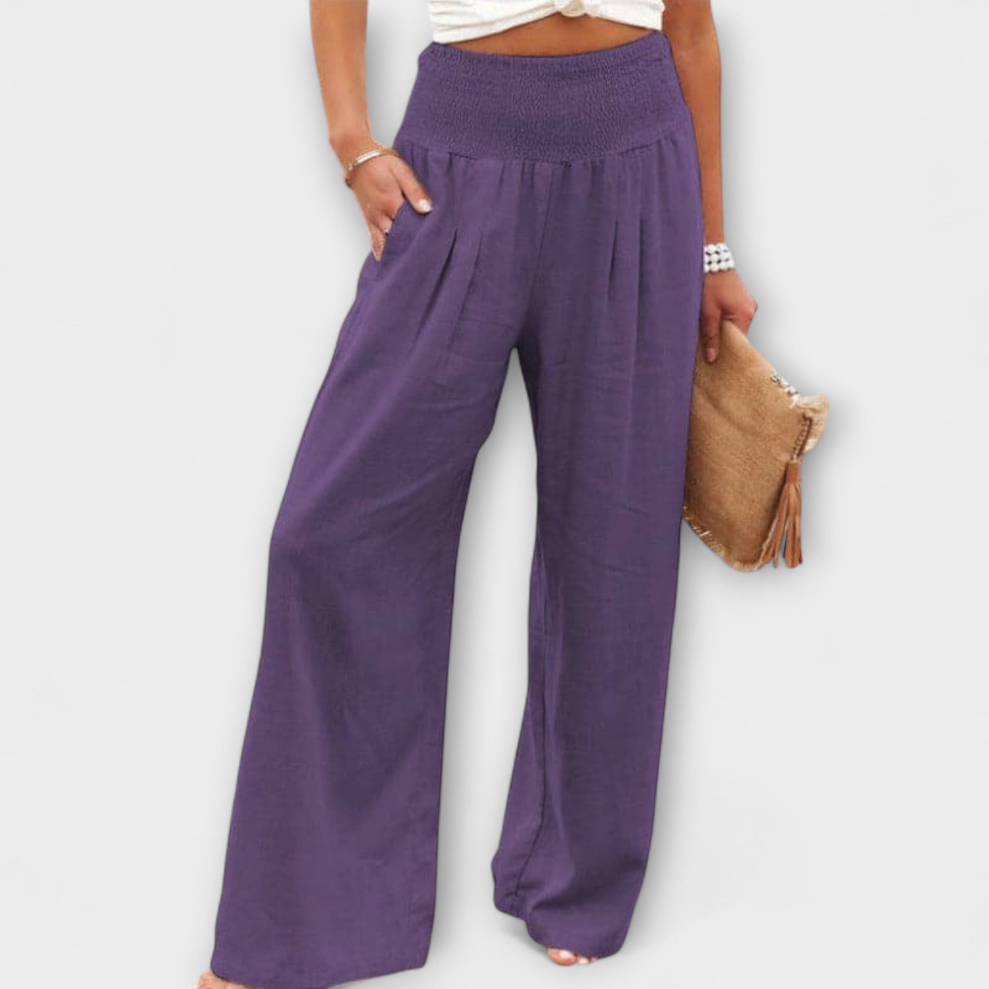 Roseline Beaupré | Coral Wide-Leg Linen Trousers with Smocked Waist