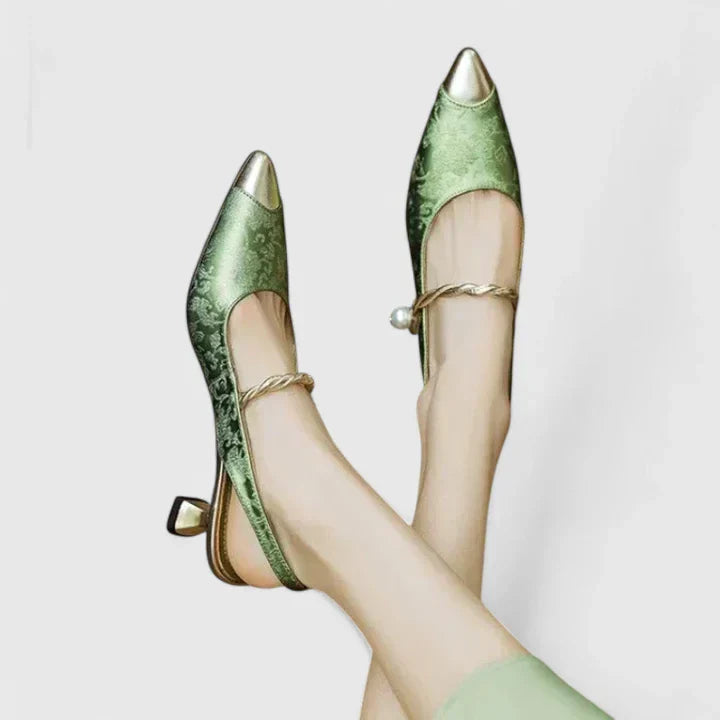 Rosalind Fontenay | Green Floral Jacquard Kitten Heel Slingback with Pearl Strap