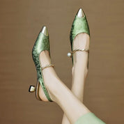 Vivienne Saintcourt | Green Floral Jacquard Pearl Strap Slingback Kitten Heel