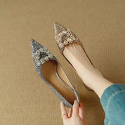 Estelle Ravenswood | Gold Glitter Block Heel Pumps with Crystal Buckle