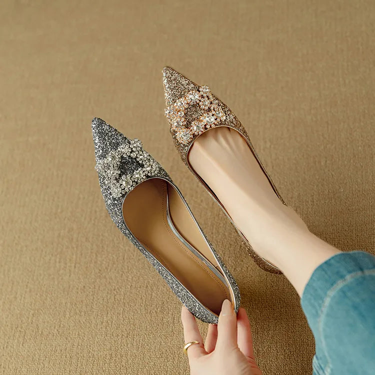 Estelle Ravenswood | Gold Glitter Block Heel Pumps with Crystal Buckle