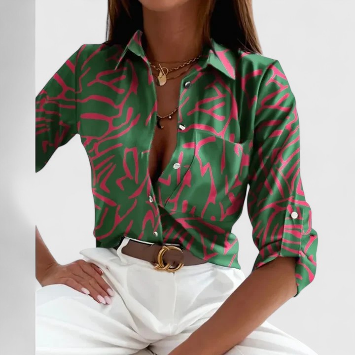Améline Vosbourne | Geometric Print Long Sleeve Button-Up Blouse