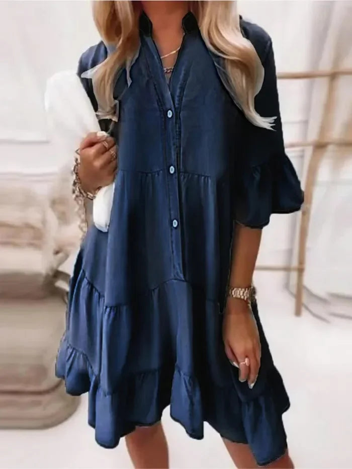 Colette Vanbrémont | Light Blue Tiered Ruffle Mini Dress Button-Down