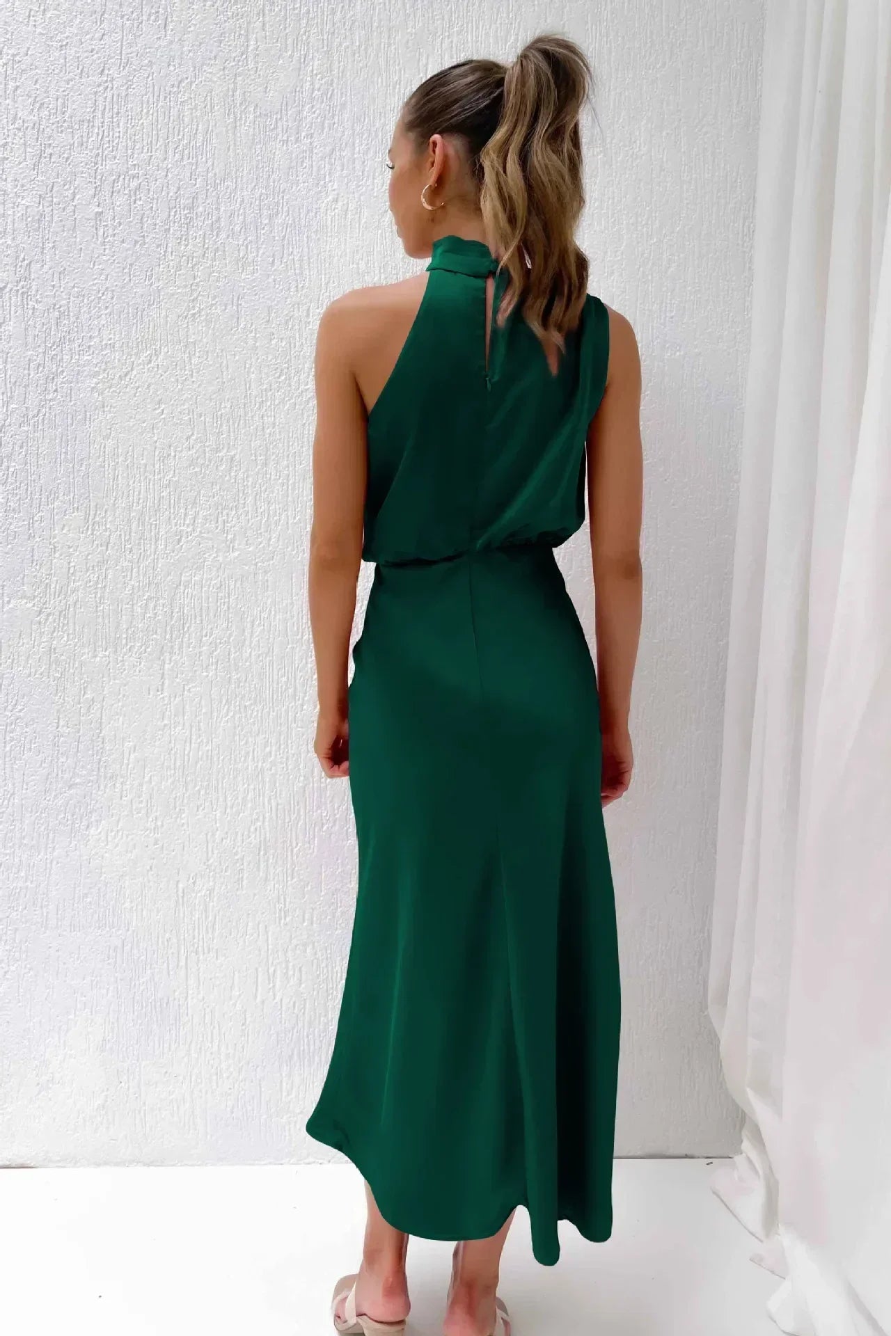Théodeline Beauvaux | Sage Green Satin Halter Midi Dress