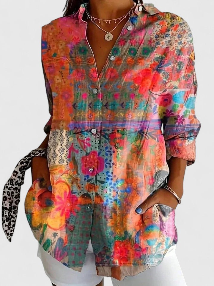 Vivette Sanclair | Colorful Floral Print Long Sleeve Button-Up Blouse
