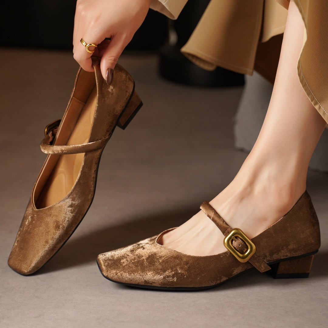 Sylvaine Delcroix | Velvet Mary Jane Block Heels with Gold Buckle