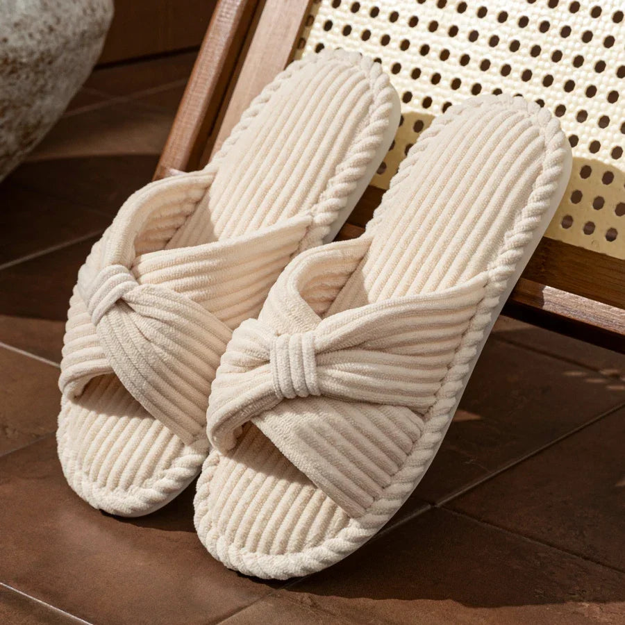 Emmeline Chartreuse | Corduroy Bow Slide Slippers in Cream