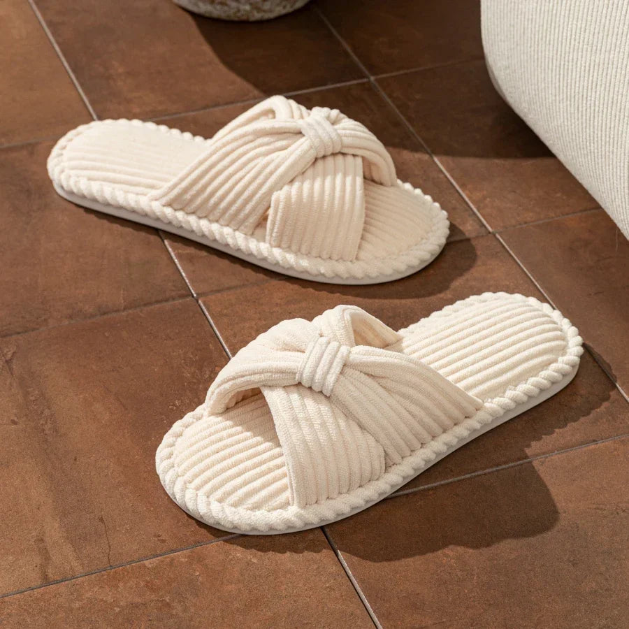 Emmeline Chartreuse | Corduroy Bow Slide Slippers in Cream