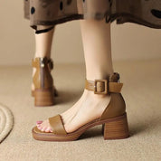 Lucienne Ashford | Cream Block Heel Ankle Strap Sandals