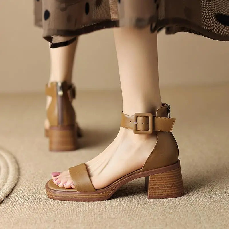 Lucienne Ashford | Cream Block Heel Ankle Strap Sandals
