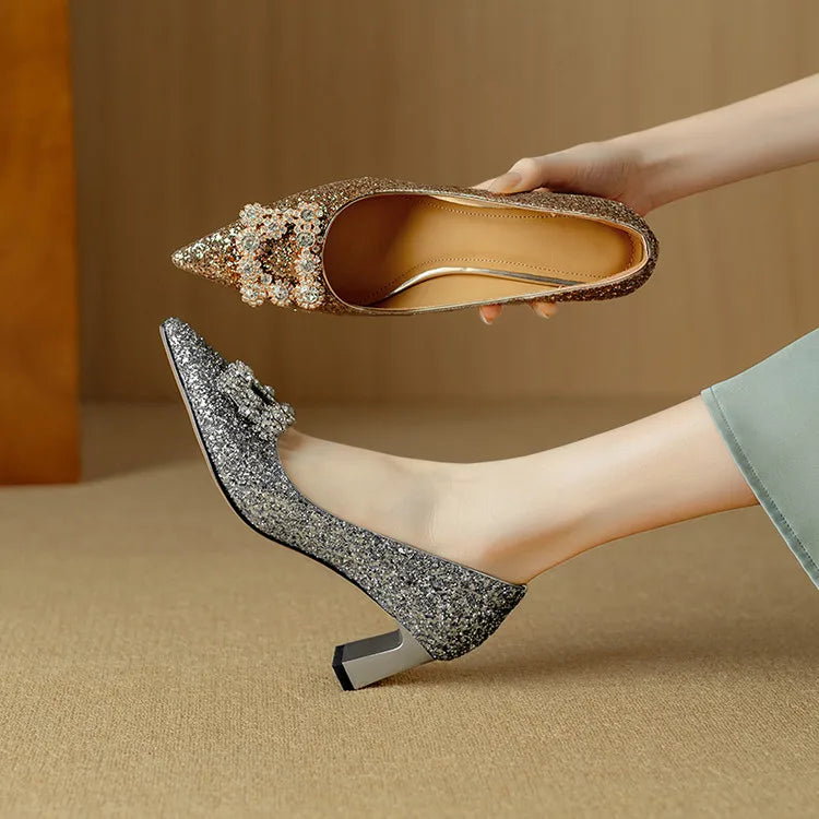 Estelle Ravenswood | Gold Glitter Block Heel Pumps with Crystal Buckle