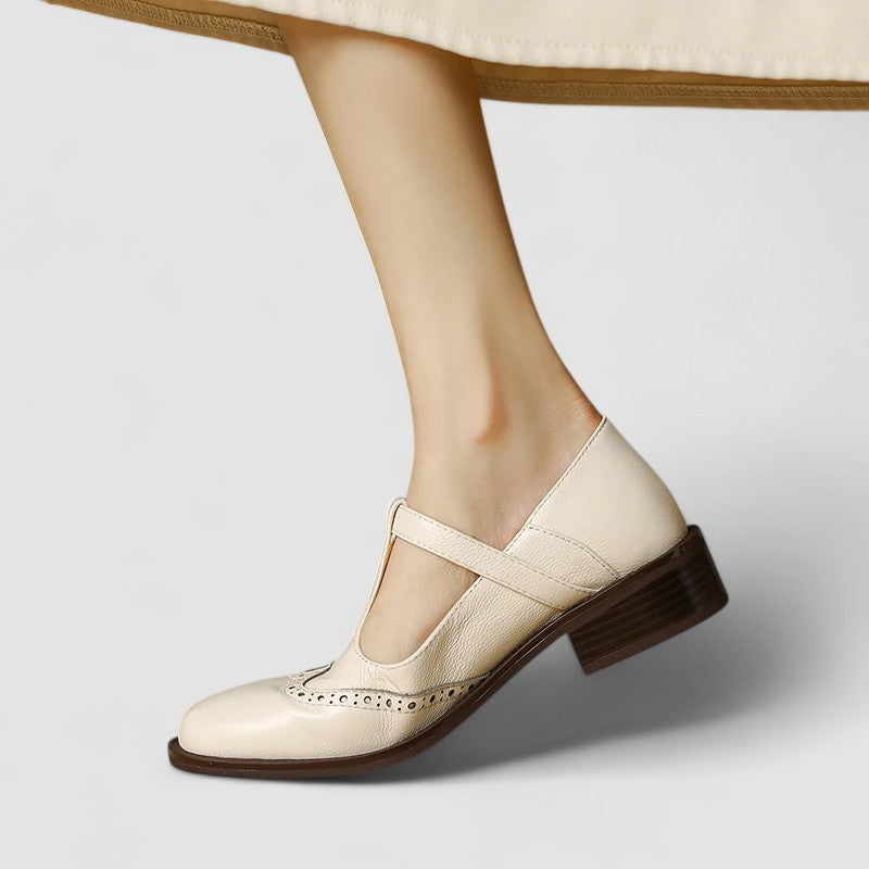 Aurelie Sinclair | Cream Leather T-Strap Brogue Mary Jane Flats