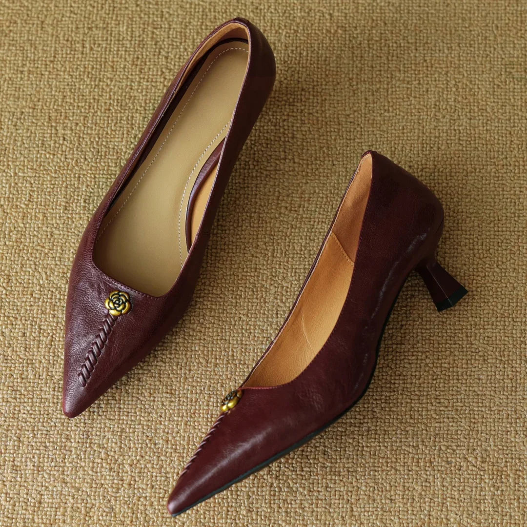 Rosanne Castellfort | Burgundy Leather Pointed-Toe Heels with Gold Rose Detail