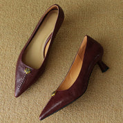 Rosanne Castellfort | Burgundy Leather Pointed-Toe Heels with Gold Rose Detail