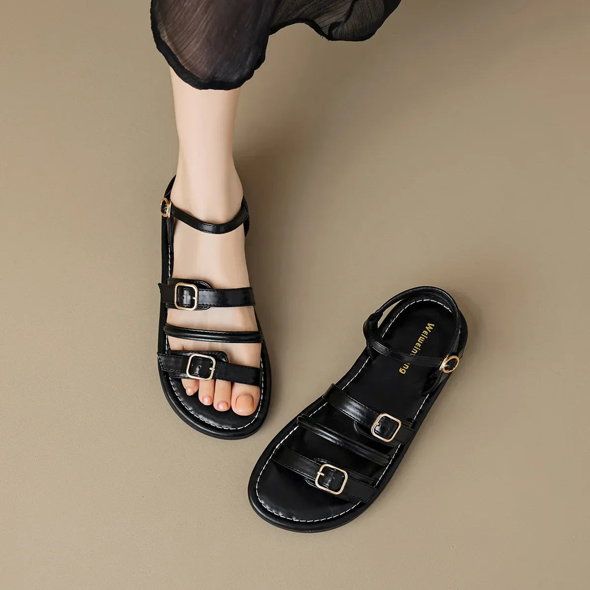 Genevieve Fontaine | Brown Leather Triple-Buckle Gladiator Sandals