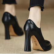 Veronique Stanhope | Women's Platform Block Heel Pump with Side Zipper in Brown