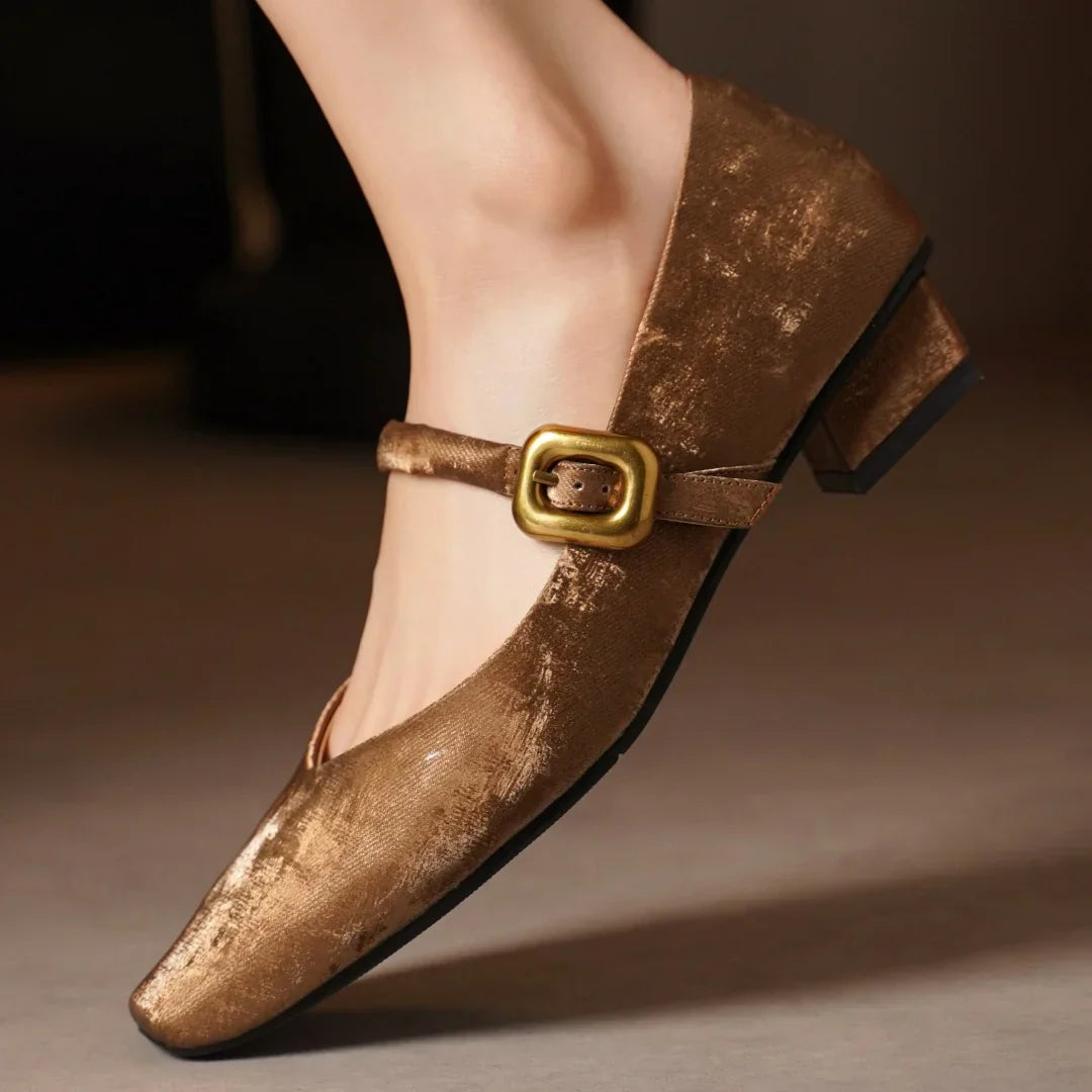 Sylvaine Delcroix | Velvet Mary Jane Block Heels with Gold Buckle
