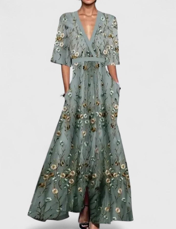 Rosalinde Vauclaire | Red Floral V-Neck Maxi Dress