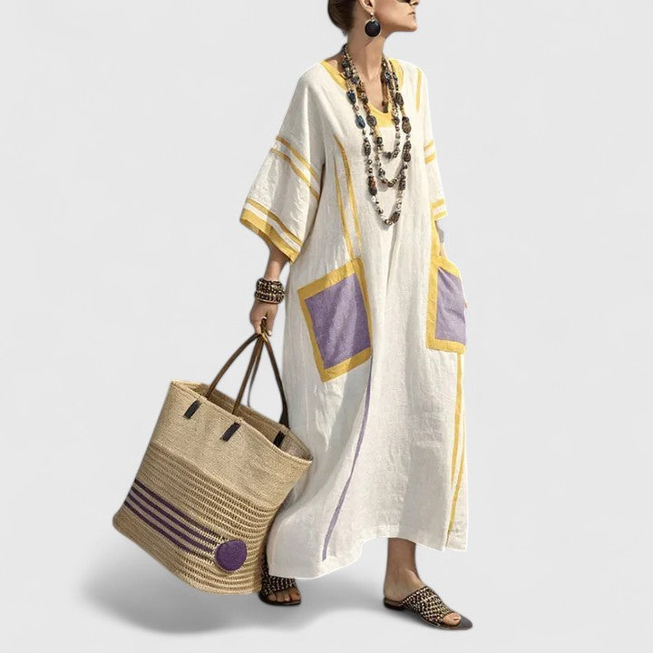 Céleste Fonrouge | Bohemian Cream Linen Maxi Dress with V-Neck
