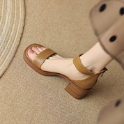 Lucienne Ashford | Cream Block Heel Ankle Strap Sandals