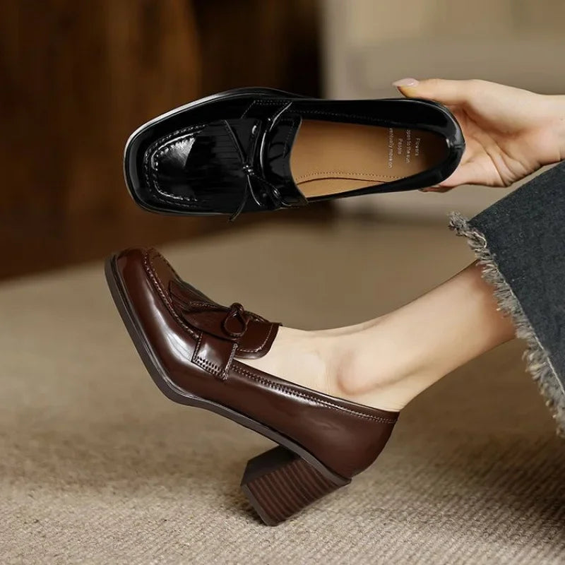 Rosalba Fontaine | Black Patent Tassel Loafer Block Heel Pump