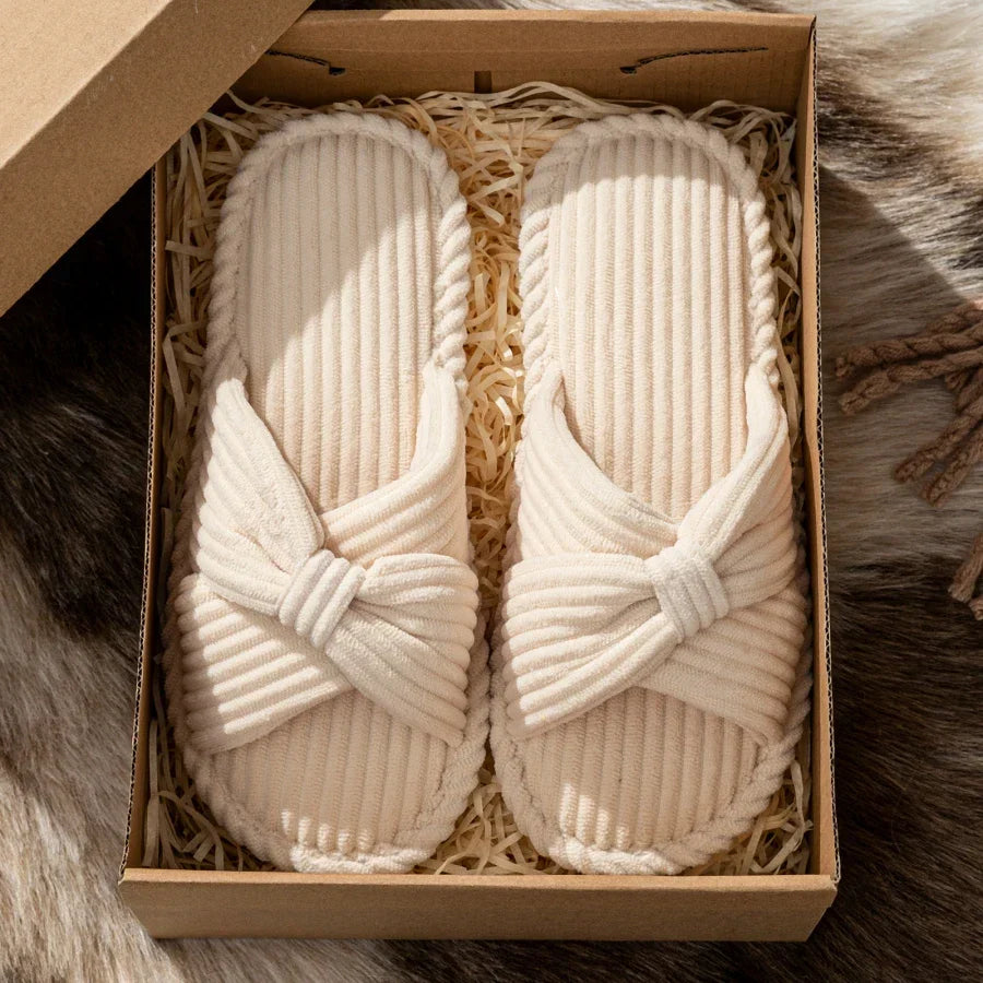Emmeline Chartreuse | Corduroy Bow Slide Slippers in Cream