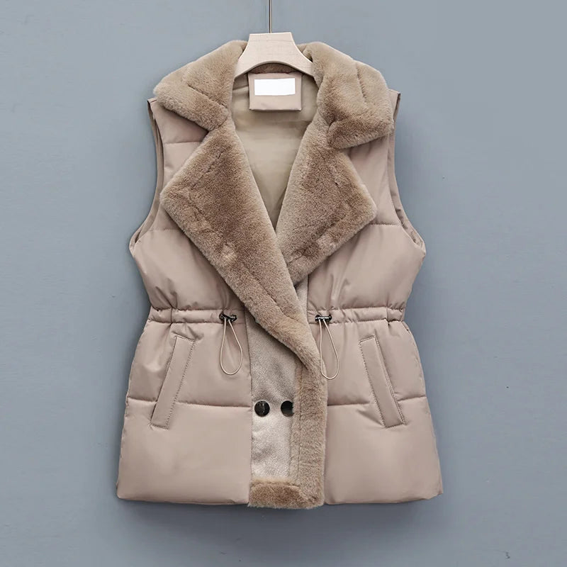Geneviève Hartwell | Faux Fur Collar Puffer Vest in Brown