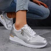 Marguerite Solvaine | Silver Metallic Platform Sneakers with Side Zipper