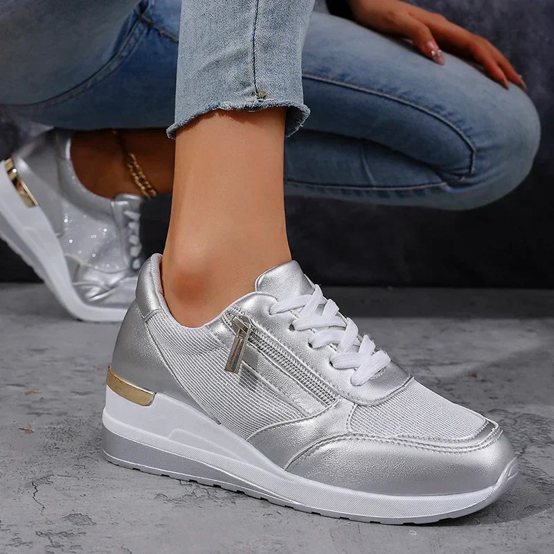 Marguerite Solvaine | Silver Metallic Platform Sneakers with Side Zipper