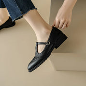 Colette Fairverne | Brown Brogue T-Strap Mary Jane Low Block Heel