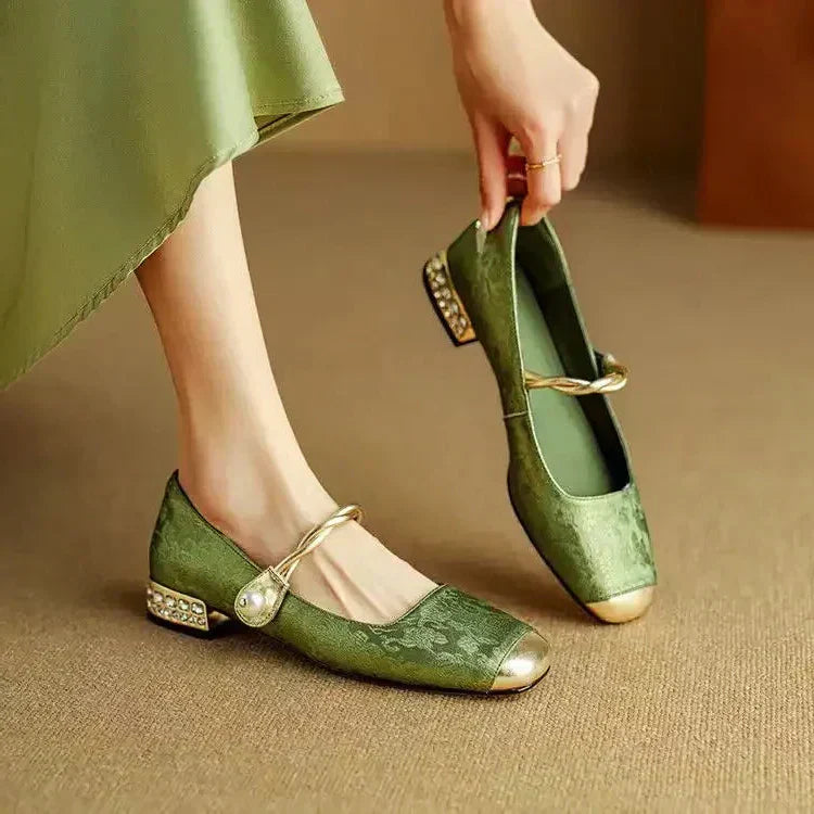 Eloïse Ravencroft | Green Pearl Strap Mary Jane Low Block Heel