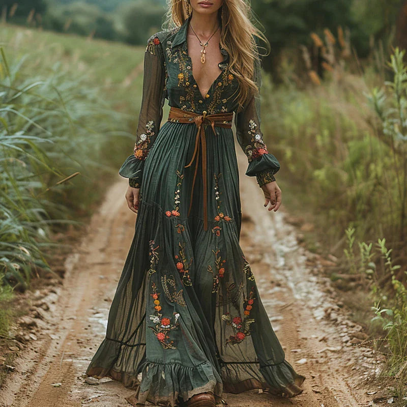 Celeste Ravensmere | Bohemian Floral Embroidered Maxi Dress in Forest Green