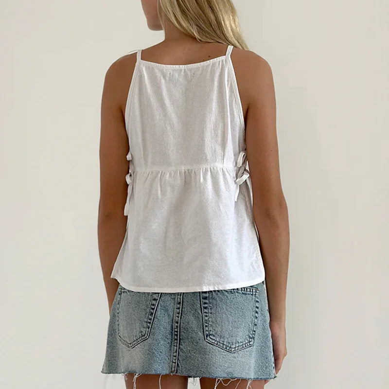Celeste Dunmore | Plaid Sleeveless Peplum Tank Top with Bow Ties