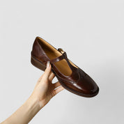 Aurelie Sinclair | Cream Leather T-Strap Brogue Mary Jane Flats