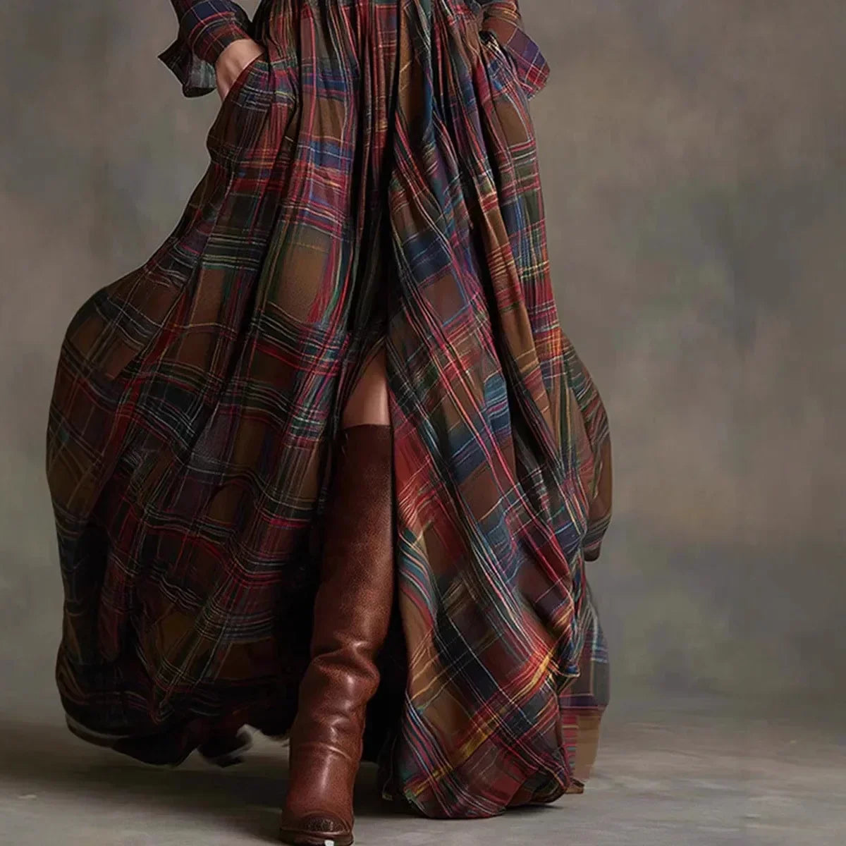 Constance Beaurivage | Tartan Plaid Maxi Shirt Dress with Belt