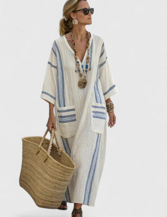 Margaux Bellerive | V-Neck Kaftan Maxi Dress with Stripe Detail