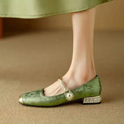 Eloïse Ravencroft | Green Pearl Strap Mary Jane Low Block Heel