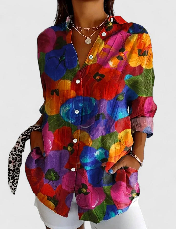 Vivette Sanclair | Colorful Floral Print Long Sleeve Button-Up Blouse