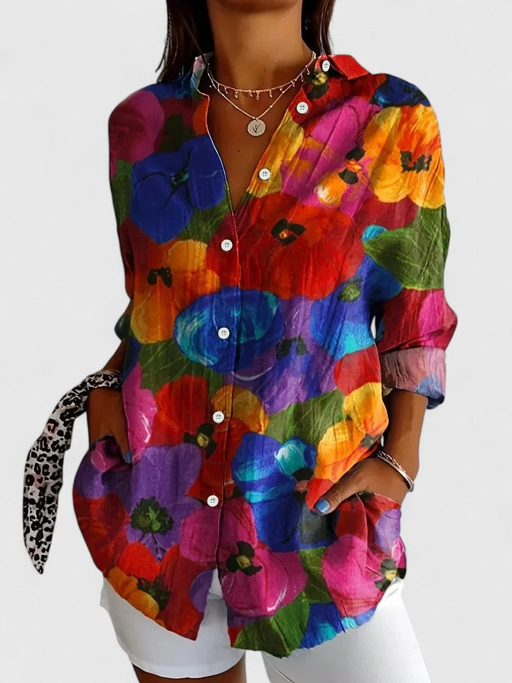 Vivette Sanclair | Colorful Floral Print Long Sleeve Button-Up Blouse