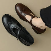 Colette Fairverne | Brown Brogue T-Strap Mary Jane Low Block Heel