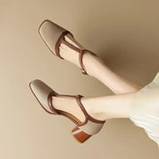 Vivienne Dawnfort | Cream Perforated T-Strap Block Heel Pumps