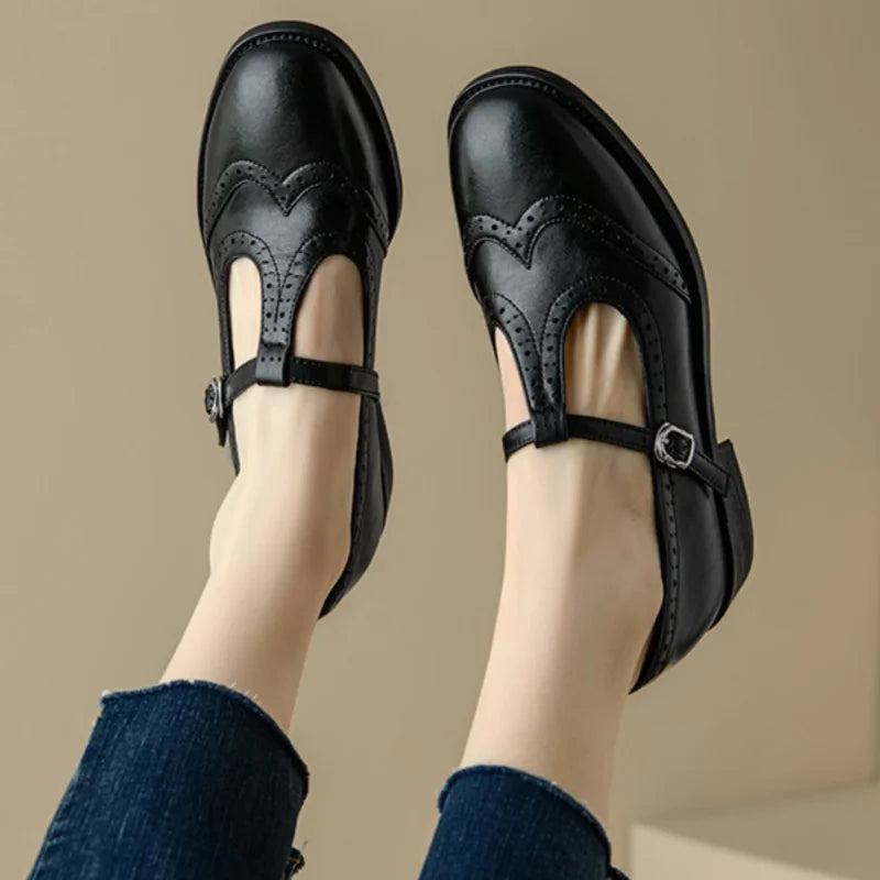 Colette Fairverne | Brown Brogue T-Strap Mary Jane Low Block Heel