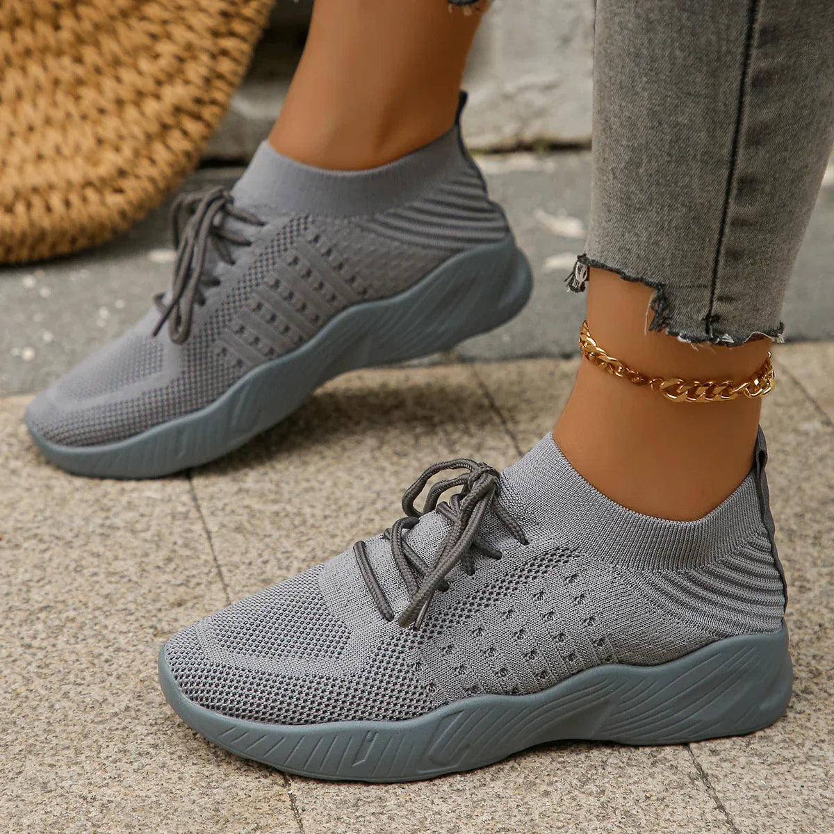 Marlowe Sinclair | Beige Knit Lace-Up Sneakers for Women
