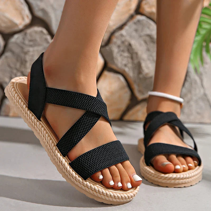 Antoinette Fairvale | Crossover Strap Flat Sandals in Beige