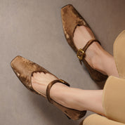 Sylvaine Delcroix | Velvet Mary Jane Block Heels with Gold Buckle