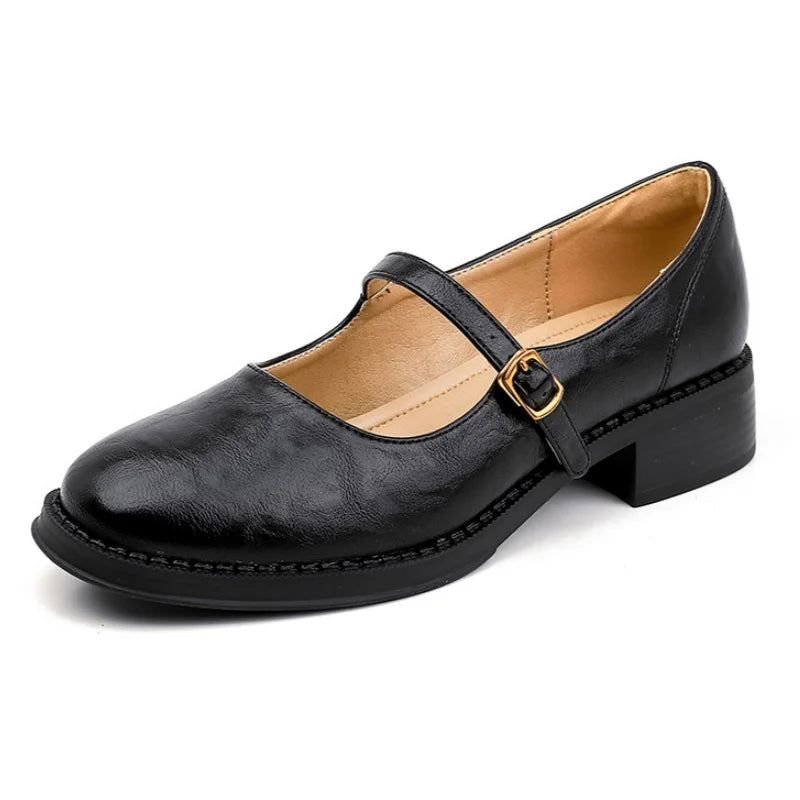 Celestine Ravenport | Black Faux Leather Mary Jane Flat Shoes