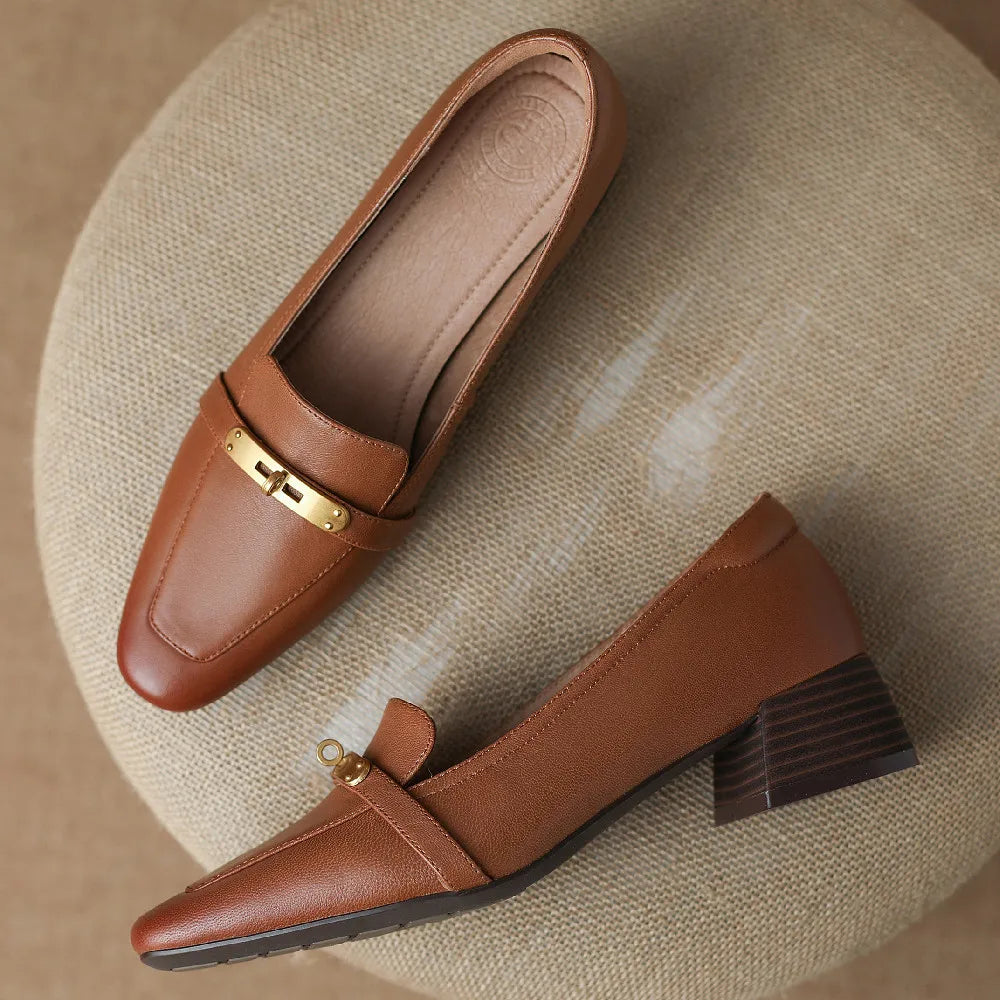 Vivienne Lacombe | Brown Genuine Leather Low Block Heel Loafers